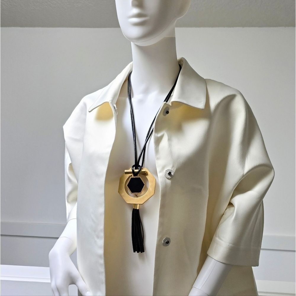 Brooks Brothers Hexagonal Black Leather & Gold Large Statement Necklace Pair